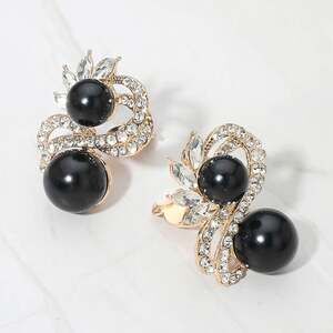 Black Faux Pearl and Crystal Rhinestone Gold Tone Clip-On Earrings